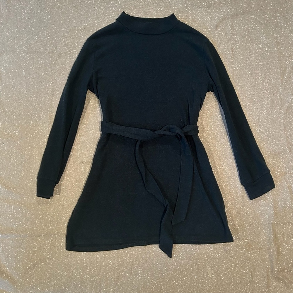 Teal mock neck sweater dress with tie belt, Size M